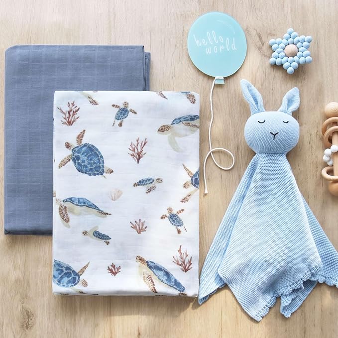 LifeTree Muslin Swaddle Blankets, Baby Swaddling Wrap Nursery Receiving Blanket for Boys & Girls, Soft 70% Viscose from Bamboo and 30% Cotton, Large 47 x 47 inches, Sea Turtle & Solid Colors