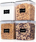 Vtopmart Food Storage Containers 4.3L / 145.4oz, 4 Pieces BPA Free Plastic Airtight Canister for Flour, Sugar, Baking Supplies, with 4 Measuring Cups and 24 Labels, Black