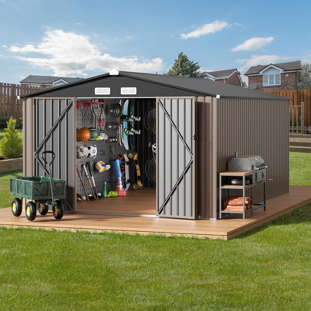 GVDV 10x14 FT Outdoor Metal Storage Shed, Durable Garden Shed with Updated Frame Structure for Backyard, Patio, Tool Storage, All-Weather Shelter for Bike, Gardening Tools, Lawn Mowers
