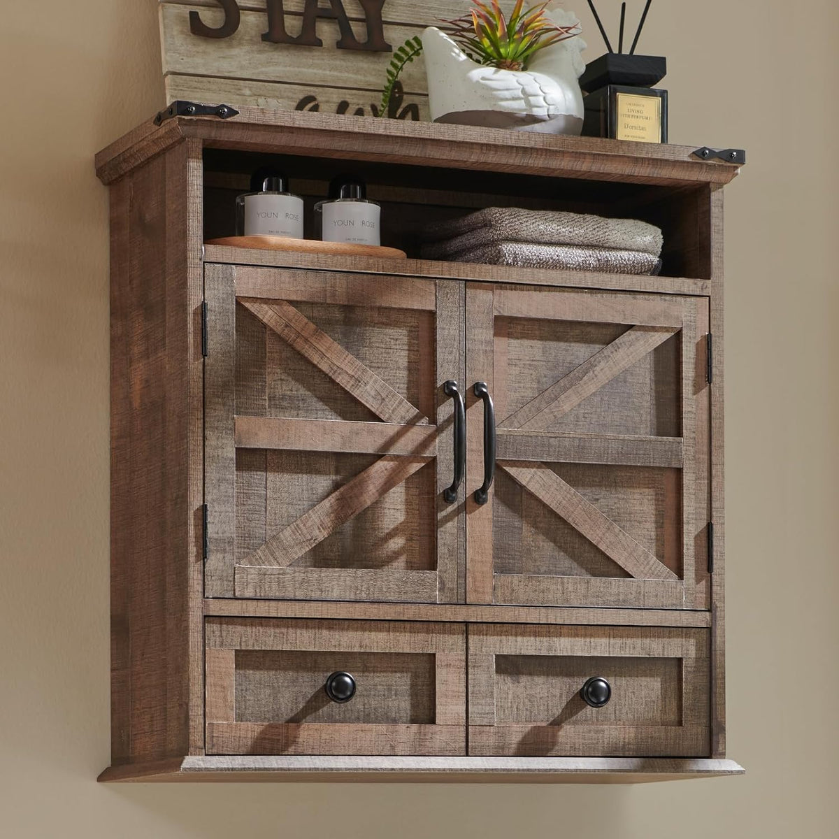 ACCOHOHO Bathroom Wall Cabinet, Farmhouse 24" Wide Medicine Cabinet with Drawer, Adjustable Shelf, Double Barn Doors, Storage Cabinets for Bathroom, Kitchen, Living Room, Rustic Brown