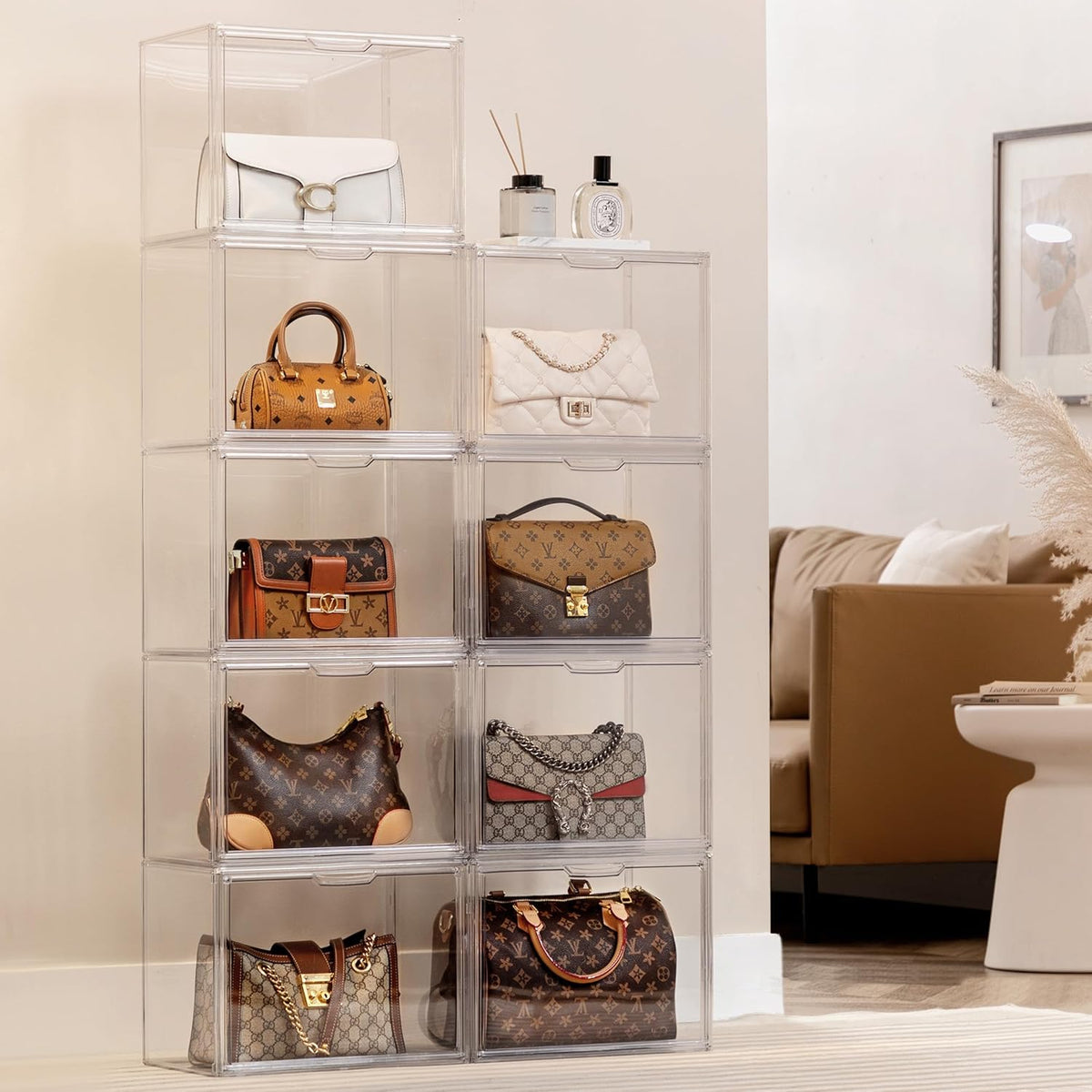 HBlife 16 Pack Purse Storage Organizer for Closet, Large Clear Stackable Handbag Display Case Box with Magnetic Door for Collectibles, Cosmetics, Women Heels and Toys