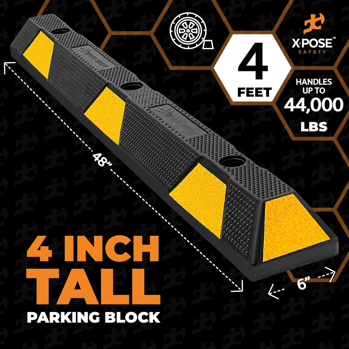 Xpose Safety 48" Heavy Duty Rubber Parking Stopper – 1 Pack Wheel Blocks for Garage, Driveway, or Ramp – Car Bumper Stop with Yellow Reflective Strips – Removable Floor Mount
