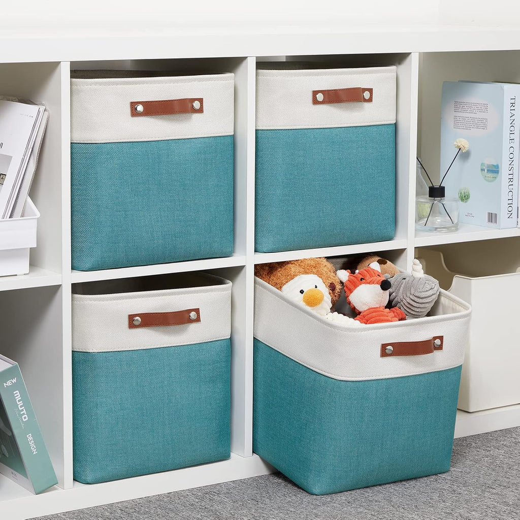 DULLEMELO Square Storage Cubes Baskets for Gifts Empty, 12 inch Cube Stroage Bins Linen Closet Organizers and Storage Baskets for Toy Nursery Shelves Bedroom Storage(4 Pack - 12" White&Teal)