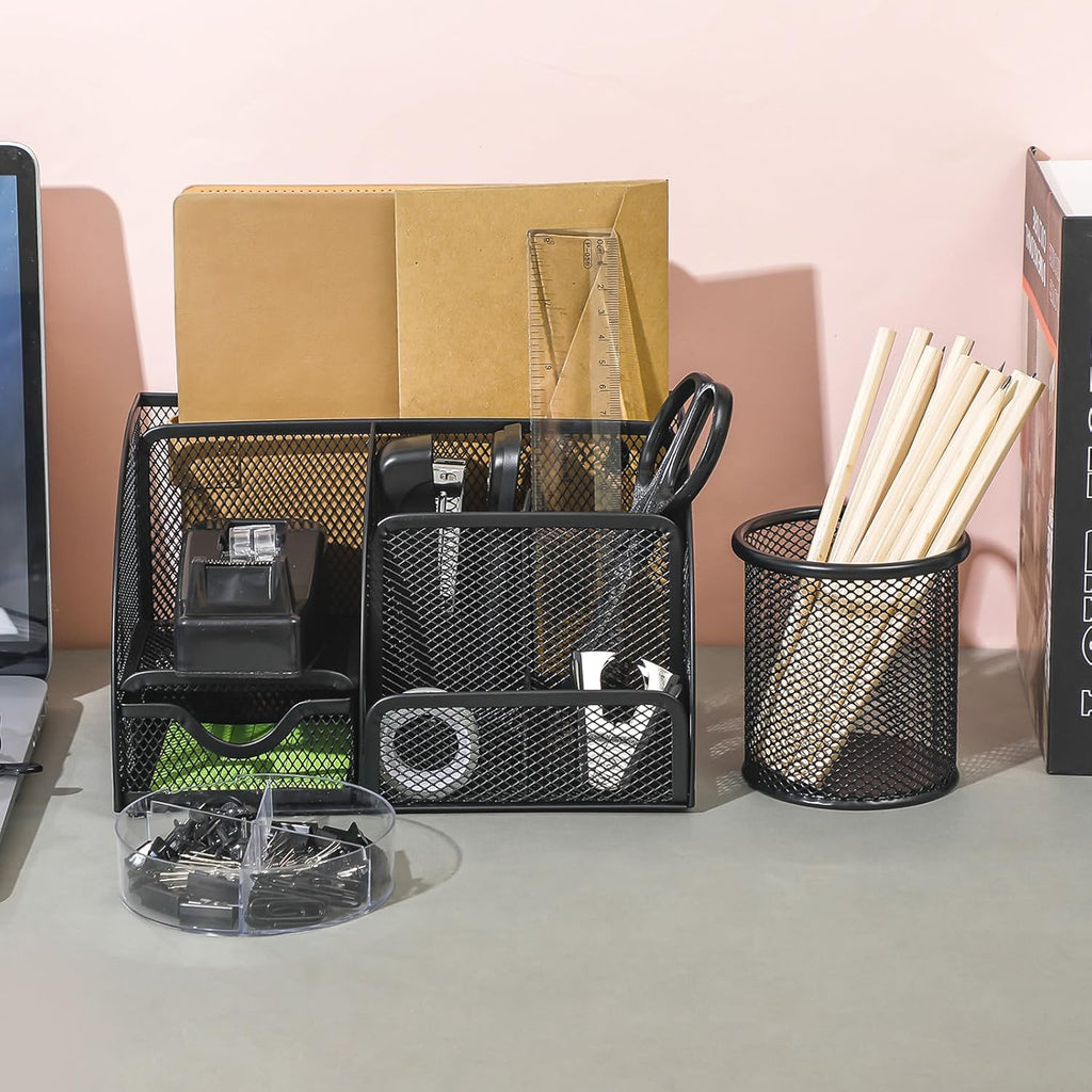 Black Desk Organizer and Accessories, Black Desk Asccessories Office Supply Kit Include Mesh Desktop Organizer Stapler 1000 Staples Tape Dispenser Pen Holder Staple Remover Clips Ruler Scissors