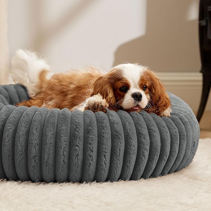 Bedsure Donut Medium Dog Bed - Washable Faux Fur with Corduroy Fleece & Anti Slip Bottom, Round Pet Bed with Removable Cover, Warm Grey, 30x30x8 inches