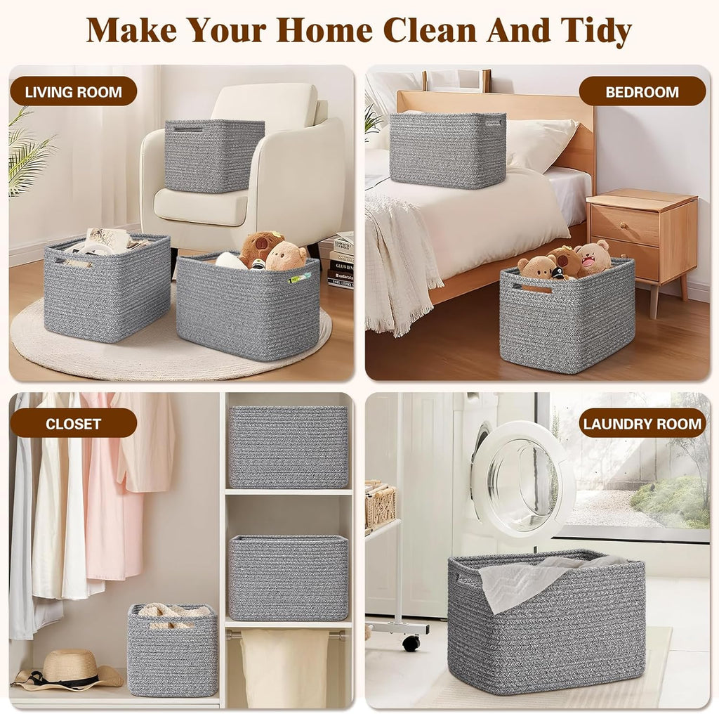 Storage Baskets for Organizing, 4 Pack Storage Baskets for Shelves, Woven Basket for Shelves, Closet Organization, Rectangle Organizer Basket Gifts Empty, 13"Lx8.7"Wx7.9"H Decorative Bins with Handles