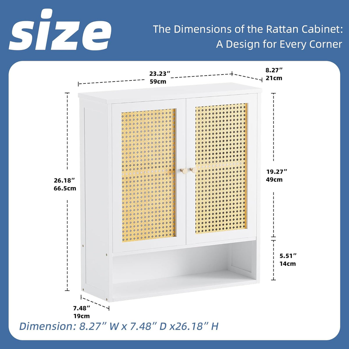HITNET Bathroom Wall Cabinet, Rattan Medicine Cabinet, Bamboo Hanging Storage Organizer Over The Toilet with Adjustable Shelf for Living Room, Kitchen, Hallway(White)