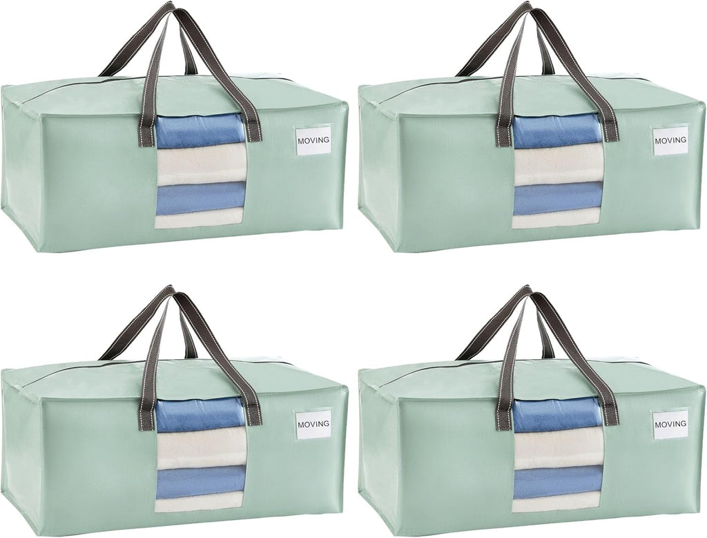 VENO 4 Pack Moving Bags for College, Heavy-Duty Storage Totes, Moving Boxes and Wardrobe Packing Supplies Alternative - Extra Large Durable Laundry Bags for Clothes (Shiny Light Green, 4 Pack)