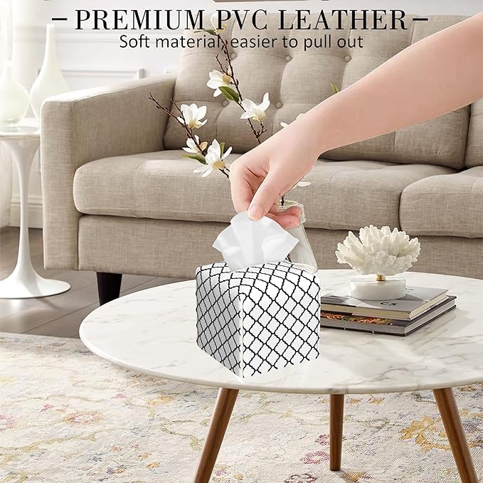 POIUBLE Leather Tissue Box Holder Black and White Quatrefoil Tissue Box Cover Square Waterproof Tissue Holder Organizer Modern Napkin Holder for Bedroom Dresser Night Stand Office Desk
