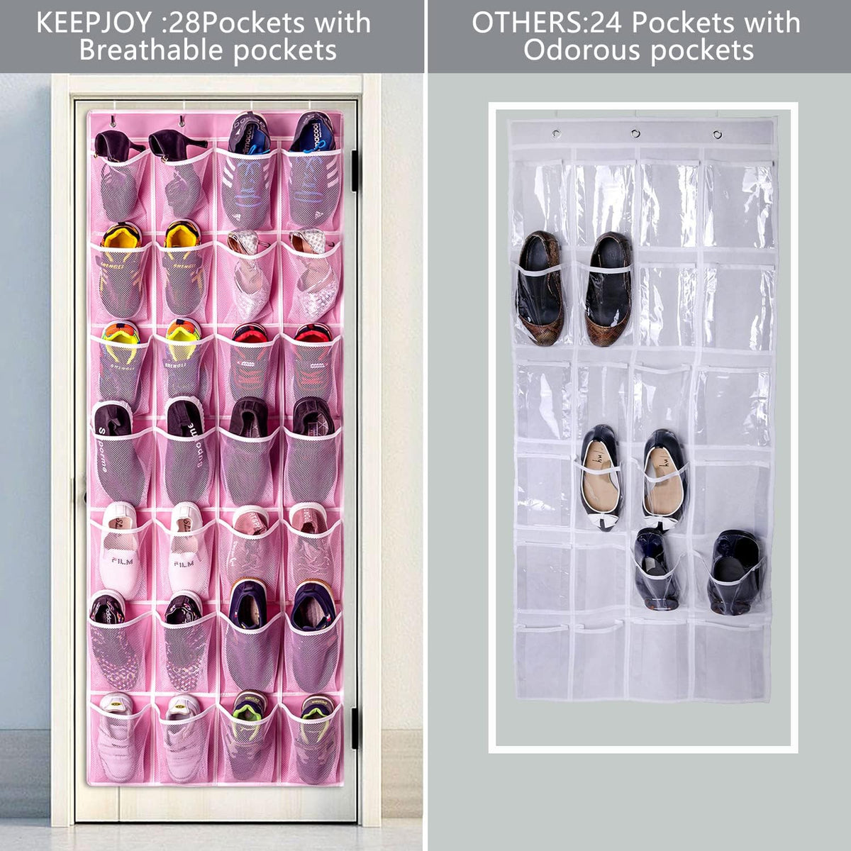 KEEPJOY 28 Pockets Hanging Shoe Organizer, Over the Door Shoe Organizer, Hanging Door Shoe Holder Rack with Mesh Pockets Large Size 65 x 23 Inch (Pink-1Pack)