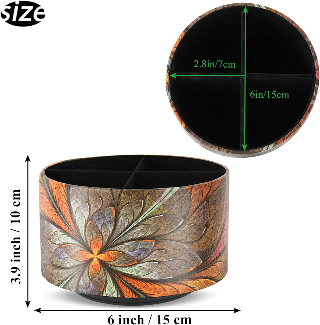 lizimandu Round Leather Art Supply Organizer,Remote Control Holder,360 Degree Rotating,Multi-Functional Pencil Holder,4 Compartments Desktop Stationary Organizer(1-Orange Flower)