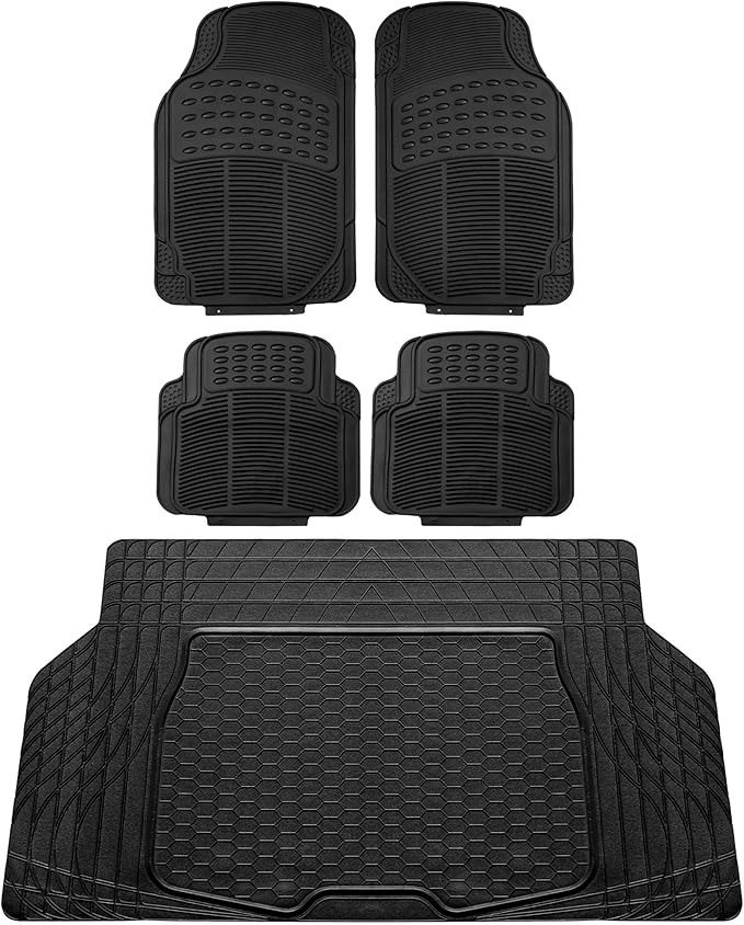 FH Group Automotive Floor Mats - Heavy-Duty Rubber, All Weather Protection Universal Fit Full Set Floor Mats and Cargo Mat, Climaproof, Semi Custom Trimmable for Most Cars, Sedan, SUV, Truck, Black