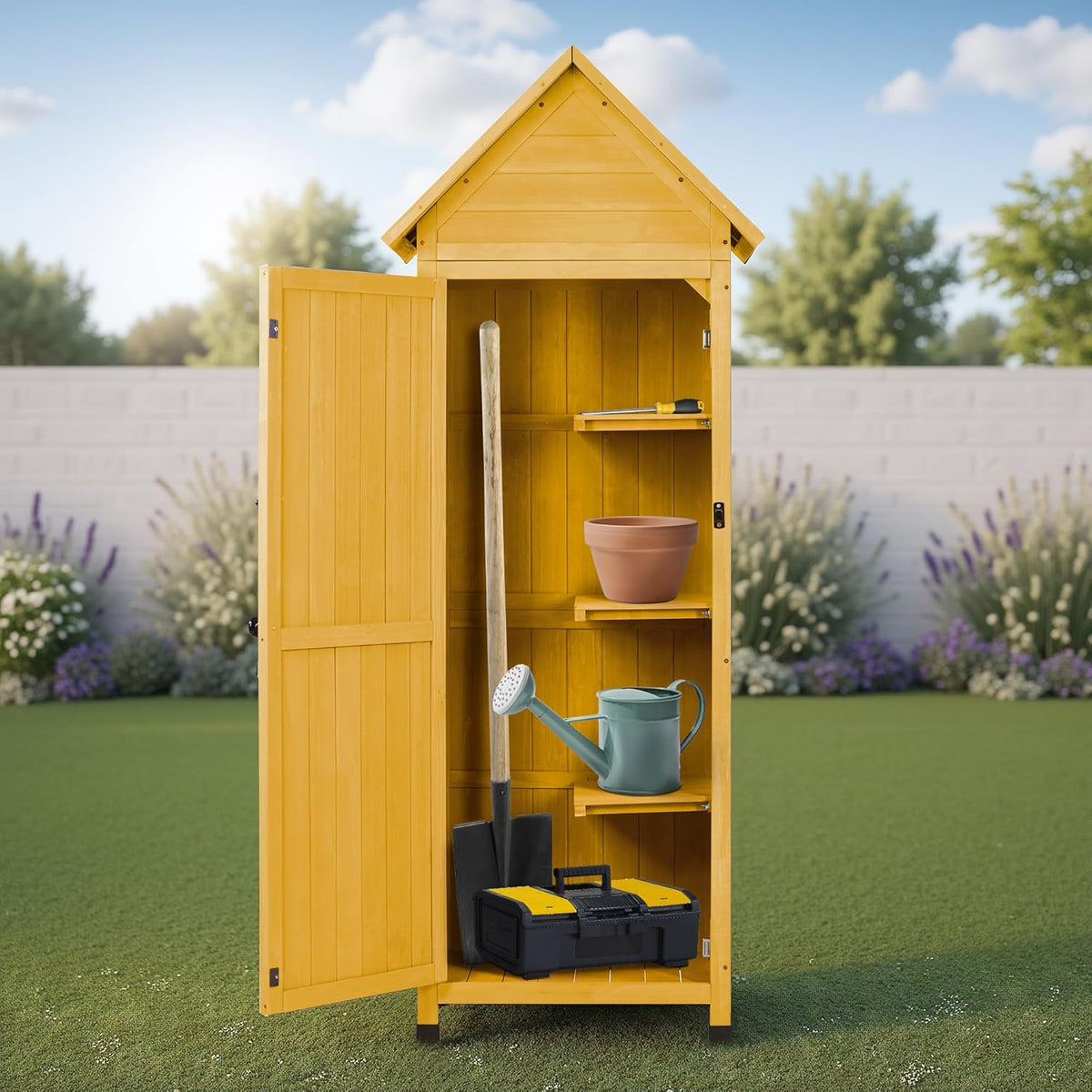 Wooden Outdoor Storage Cabinet,Tall Vertical Garden Tool Shed with Waterproof Metal Roof & Adjustable Feet – Perfect for Yard, Patio, Lawn & Deck (Yellow, 22" x 26" x 67")