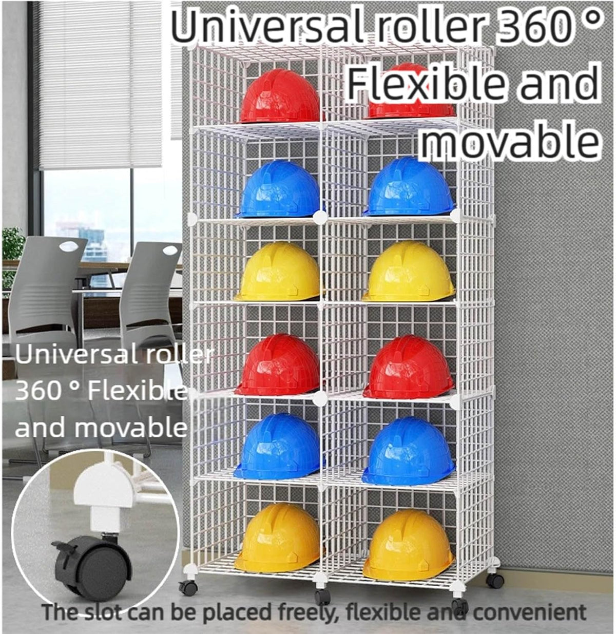 Stackable Safety Helmet Storage Boxes, Large Adjustable Hard Hat Placement Organizer Rack,with Wheels,for Construction Site/Garage/Workshop/Factory Helmet Display Shelf (Black, 32 Grids-4 * 8)