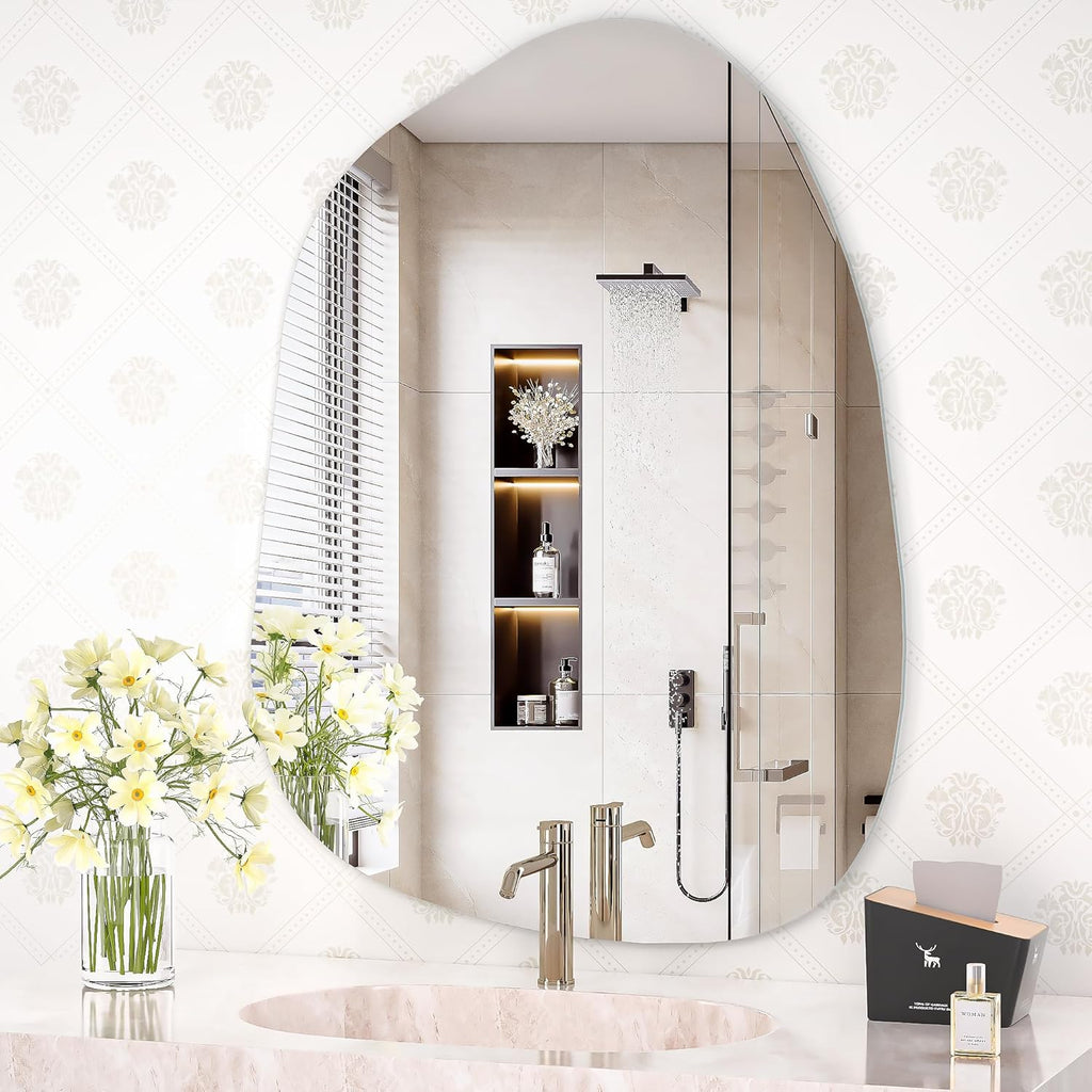 Hasipu 32"x24" Irregular Wall Mirror Frameless Asymmetrical Mirror for Wall | Frameless Wall Mirror, 4mm Tempered Glass, Horizontal & Vertical, Wall Mount, Bathroom, Bedroom, Modern Home Decor