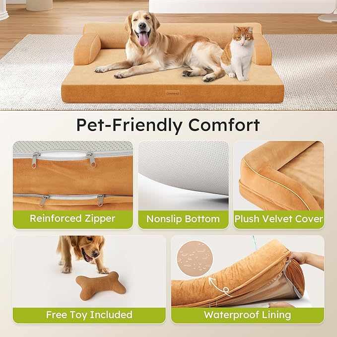 CWAWZ XL Orthopedic Dog Bed, Extra Large Dog Bed, Dual-Sided Pet Cooling Beds with Memory Foam Washable Cover Nonslip Bottom, Waterproof XLarge Pet Couch Beds with Bolsters, Brown