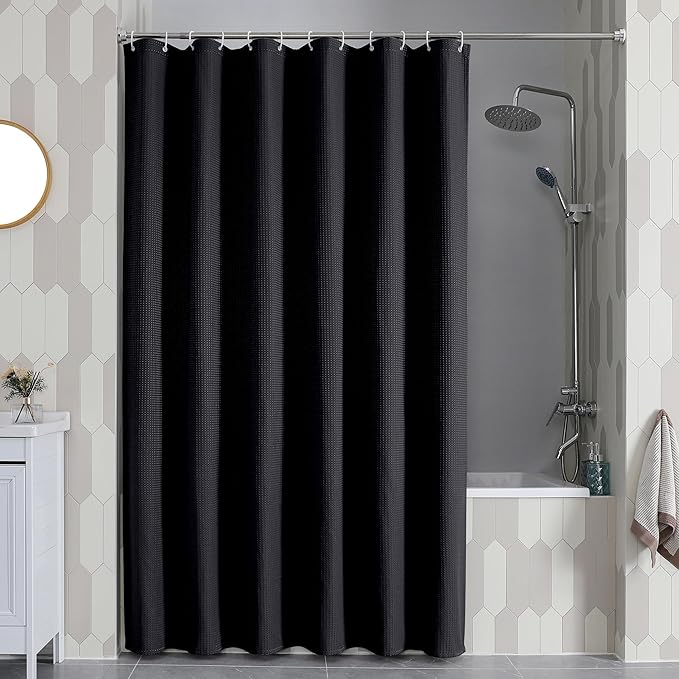 OVZME Extra Long Shower Curtain Set- 96 Inch Long Waffle Weave Heavy Duty Fabric Shower Curtains for Bathroom, Luxury Heavy Duty Thick Cloth Shower Curtain with 12 Plastic Hooks, 72x96, Black