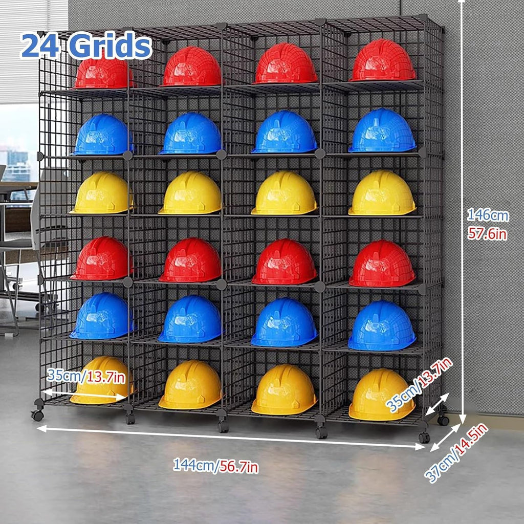 Stackable Safety Helmet Storage Boxes, Large Adjustable Hard Hat Placement Organizer Rack,with Wheels,for Construction Site/Garage/Workshop/Factory Helmet Display Shelf (Black, 24 Grids-4 * 6)