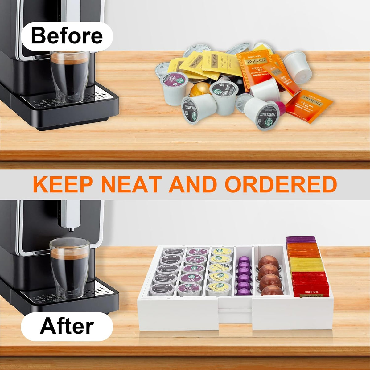 MinBoo Bamboo Drawer Organizer - Expandable K Cup & Pods Holder, Coffee Pod Storage, Tea Organizer, Versatile Kitchen Accessory Organization and Storage,White