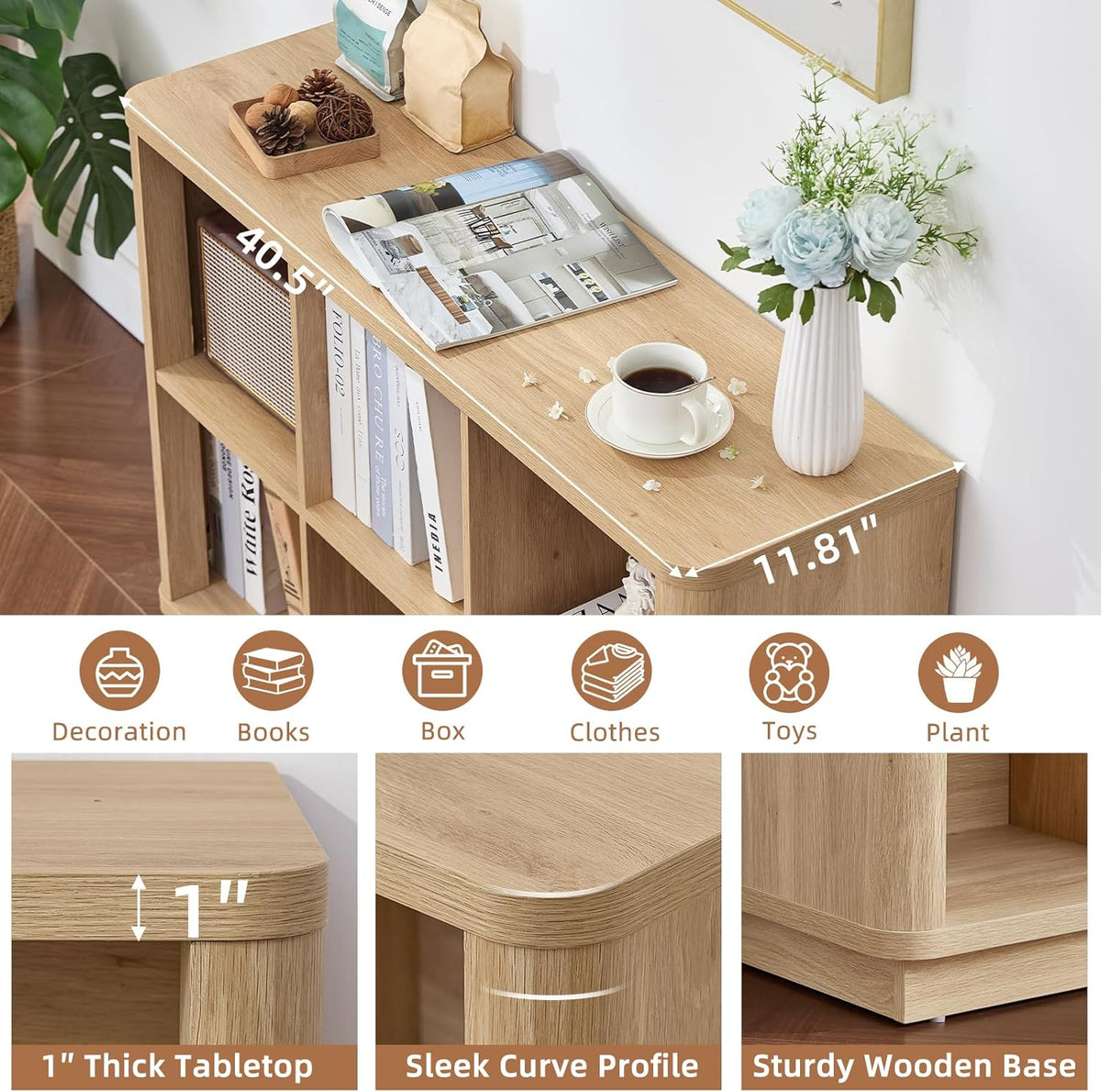 6 Cube Storage Book Shelf, 40" Wide Low Horizontal Bookcase with Curved Edge, Floor Standing 2-Tier Wooden Bookshelf with Base, Modern Short Book Case for Bedroom, Study, Entryway, Natural Oak