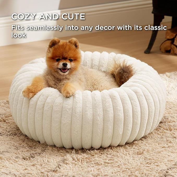 Bedsure Donut Small Dog Bed - Dog Beds for Small Dogs with Corduroy Fleece & Anti Slip Bottom, Round Faux Fur Pet Beds with Washable Removable Cover, Cream, 23x23x7 inches