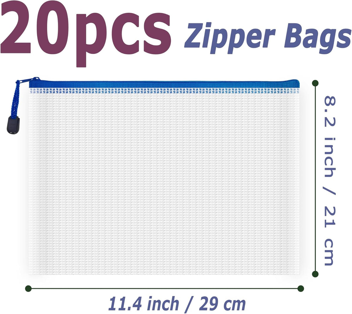 AUSTARK 20 Pcs Zipper File Bags, Plastic Mesh Pouch, Board Game Storage Bag, Waterproof Bags for Office School (B5 Size 11.4''x8.2'', White and Blue)