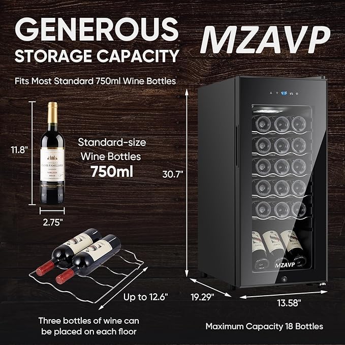 Mini Wine Fridge-Black, 18 Bottles Low Noise Compressor Wine Cooler,