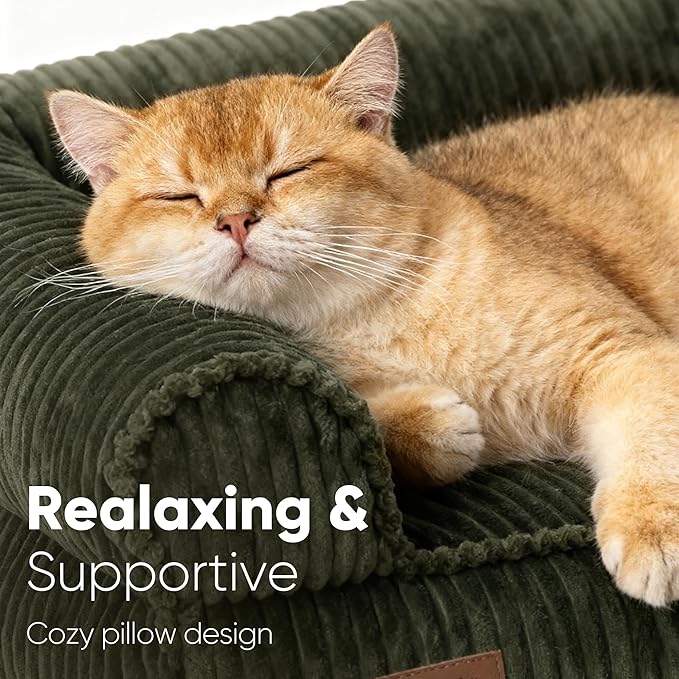FUKUMARU Dog Couch Bed, Corduroy Cozy Cat Bed for Indoor Cats with Washable Cover, 28in Waterproof Orthopedic Dog Beds Sofa for Small Dogs and Large Cats, Cute Warm Cotton Pet Sofa, Green