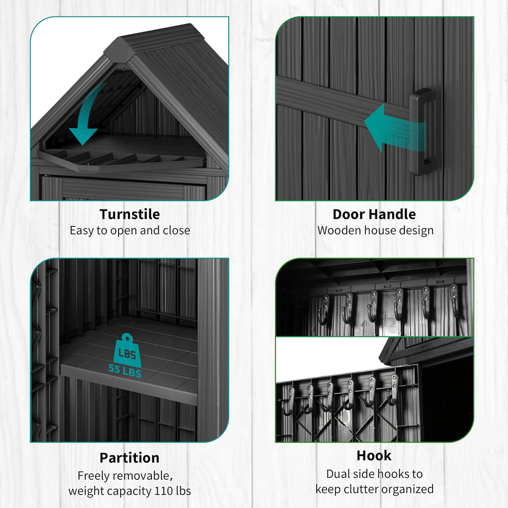 Shed Outdoor Storage Shed with Sloping Roof and Lockable Door, Resin Outdoor Storage Box Cabinet Waterproof and Multiple Hooks for Backyard, Patio, Poolside, Black