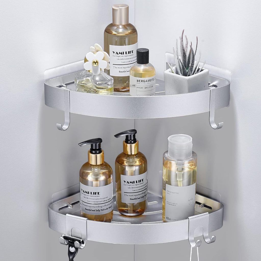 Adhesive Corner Shower Caddy with Hooks,Bathroom Shower Organizer, No Drilling Rust Proof Aluminum Shower Shelf for Inside Shower 2 Pack (Silver)