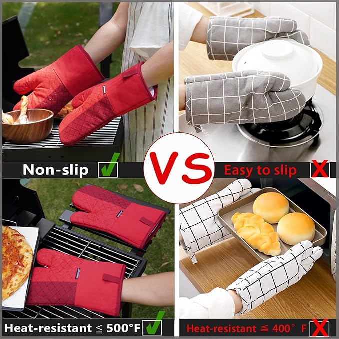 Oven Mitts and Pot Holders Sets 6pcs, Kitchen Oven Glove,High Heat Resistant 550 Degree Extra Long Oven Mitts and Potholders with Non-Slip Silicone Surface for Home Essentials (Grey) (Passion Red)