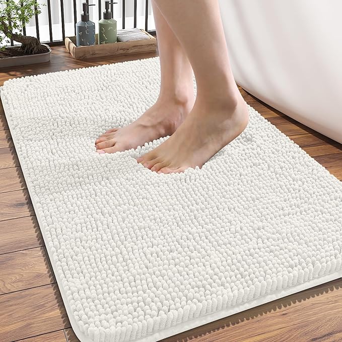 OLANLY Bathroom Rugs 34x21, Extra Soft Absorbent Chenille Bath Rugs, Rubber Backing Quick Dry, Machine Washable Bath Mats for Bathroom Floor, Tub and Shower, Home Decor Accessories, Ivory