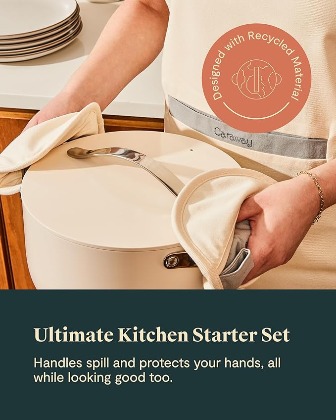 Caraway Linen Set - Apron, Pot Holders, Oven Mitts, & Tea Towels - 100% Organic Cotton - Durable, Machine Washable