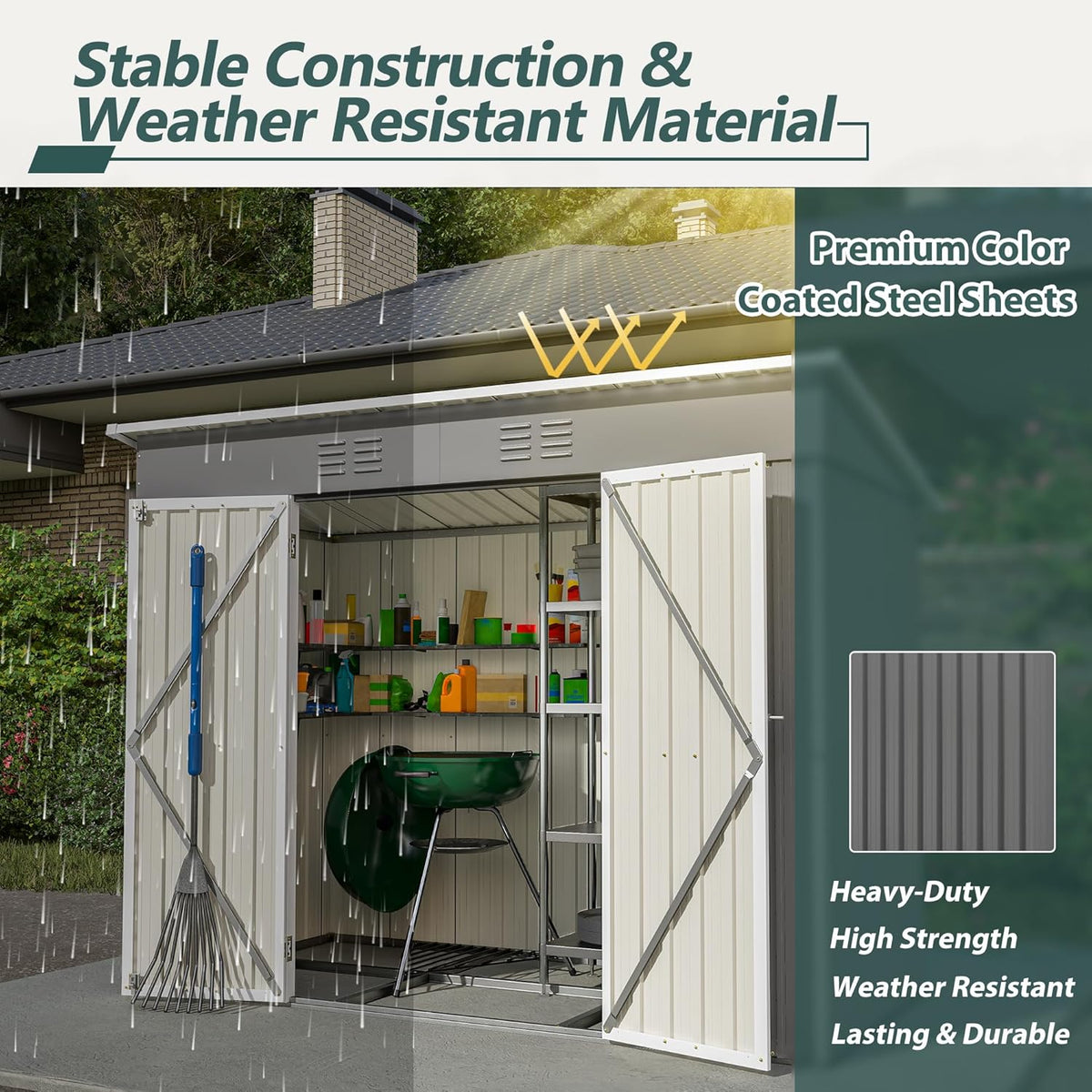 8x4 FT Outdoor Storage Metal Shed with Air Vents Sloping Roof Double Lockable Doors Waterproof Tool Galvanized Ideal for Backyard Patio Lawn Gray Shed Storage