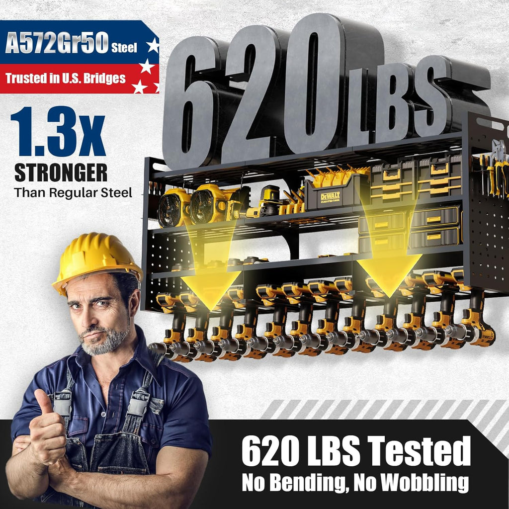 Large 49''W Power Tool Organizer Wall Mount | 620lbs Garage Storage Rack with 12 Cordless Drill Holder | 4-Tier Heavy Duty Utility Shelf for Battery Workshop Organization