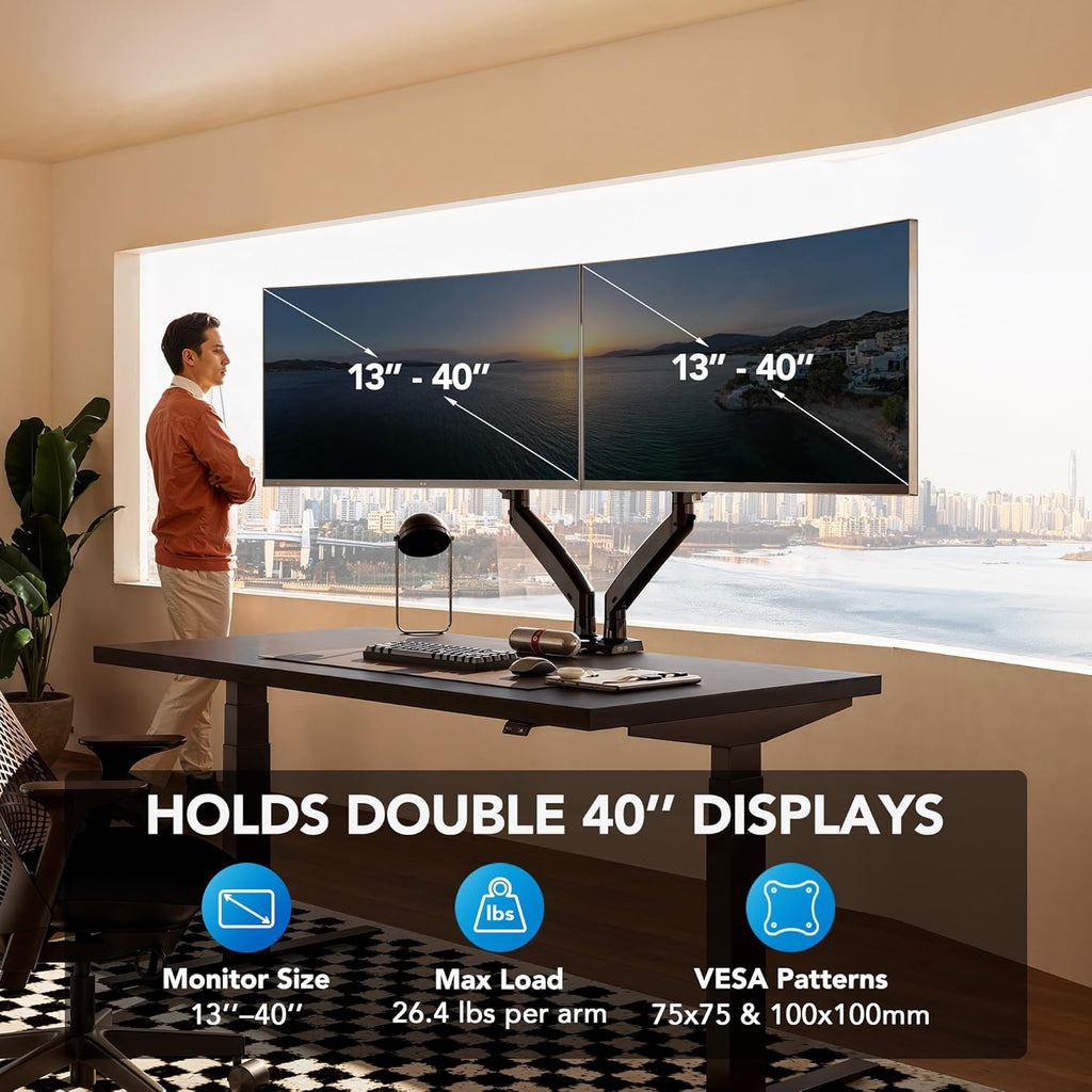 HUANUO NITROGLIDE™ Dual Monitor Stand for 13″–40″, Premium Dual Monitor Mount with USB, Height Adjustable Monitor Stand for 2 Monitors, VESA Mount with Clamp/Grommet Base, Holds 26.4lbs per Arm, HNDS7