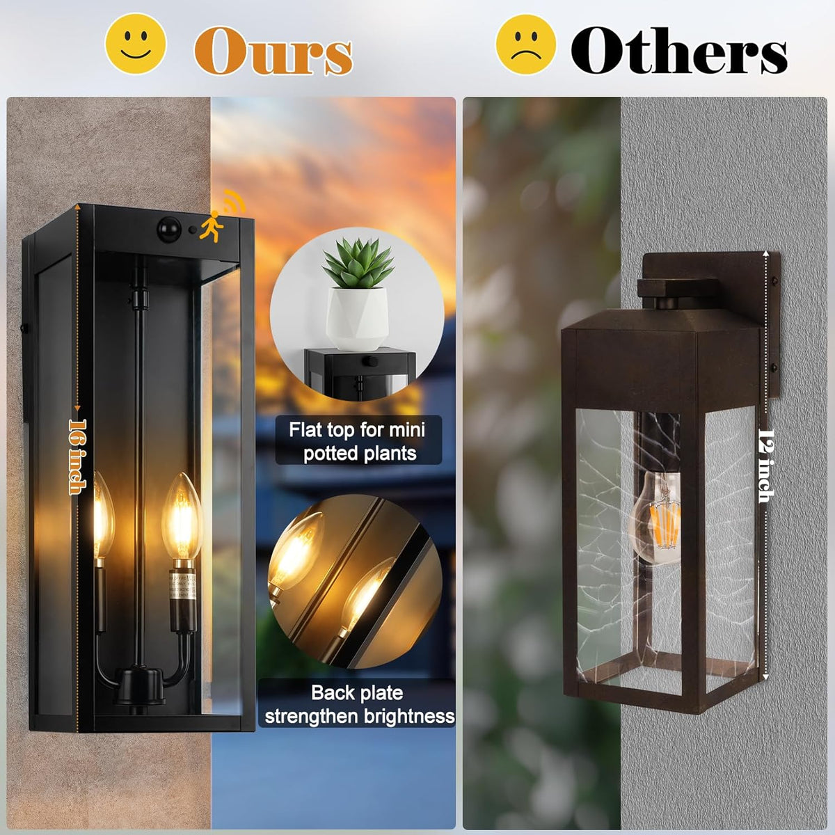 Black Motion Sensor Outdoor Lights 2-Light, 16” Modern Dusk to Dawn Sensor Lights for Outside 2 Pack, Exterior Wall Mount Porch Lanterns Waterproof Outside House Lamps for Garage Yard E12