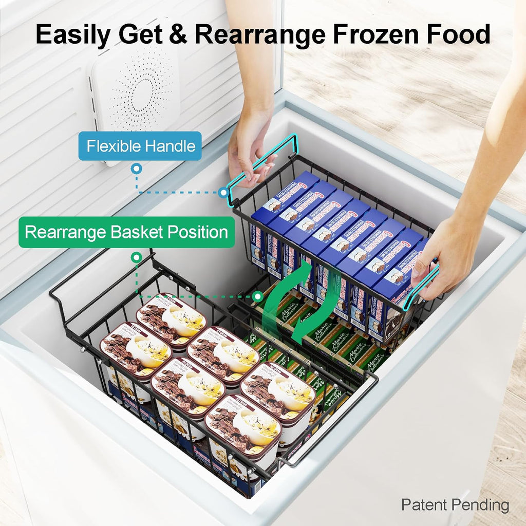 iSPECLE Freezer Organizer Bins 5 Pack- Fit 14.2~16.5 Inch Wide Chest Freezer, 7 Cu.Ft Deep Freezer Organizer Bins, 2 Small Expandable Hanging Baskets and 3 Stackable Bins, Black