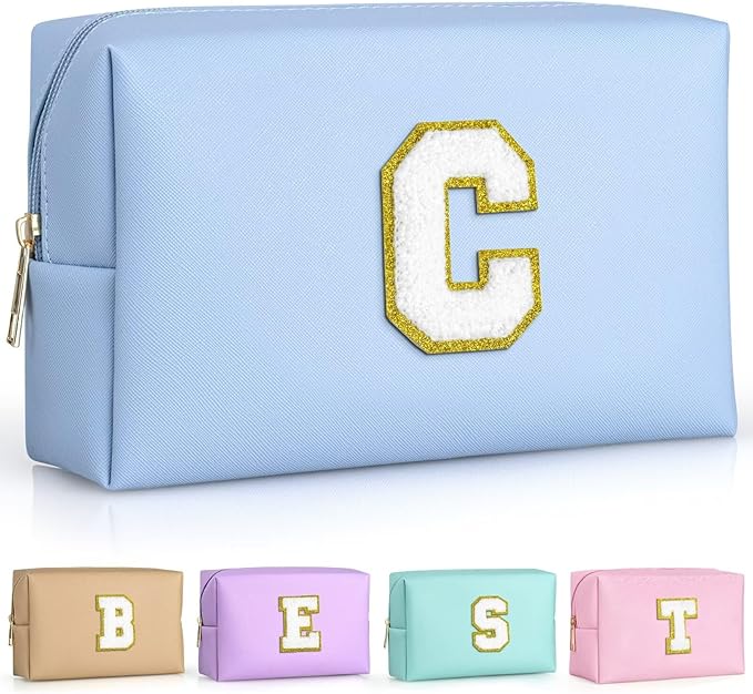 TOPEAST Gifts for Friends Female Mom, Cute Makeup Bag Small Pink Cosmetic Bag Travel Toiletry Bag, Personalized Birthday Gift for Women Girl, Preppy Travel Stuff for Girls (Sky Blue C)