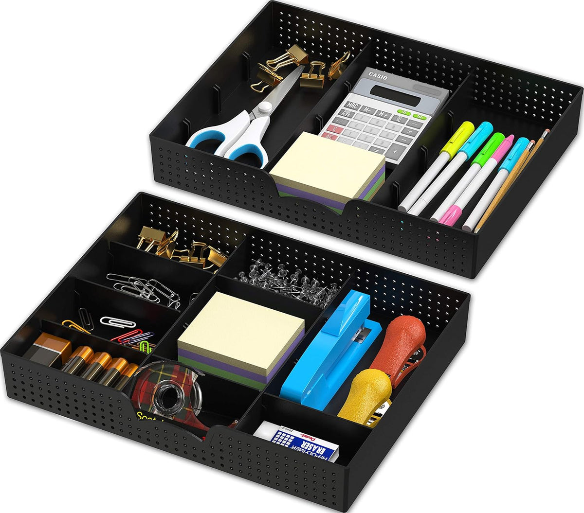 Simple Houseware Drawer Organizer Tray with 9 Adjustable Compartments, 2 Packs, Black