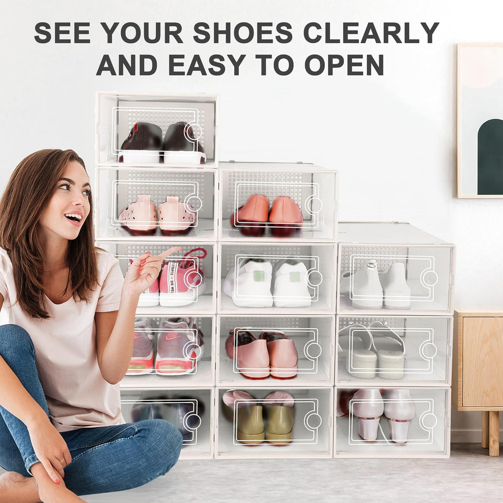Kuject Large Shoe Organizers Storage Boxes for Closet, 12 Pack Clear Plastic Stackable Storage Bins with Lids, Under Bed Shoe Containers for Entryway, Fit up to Women's Size 10,Black,Off-white