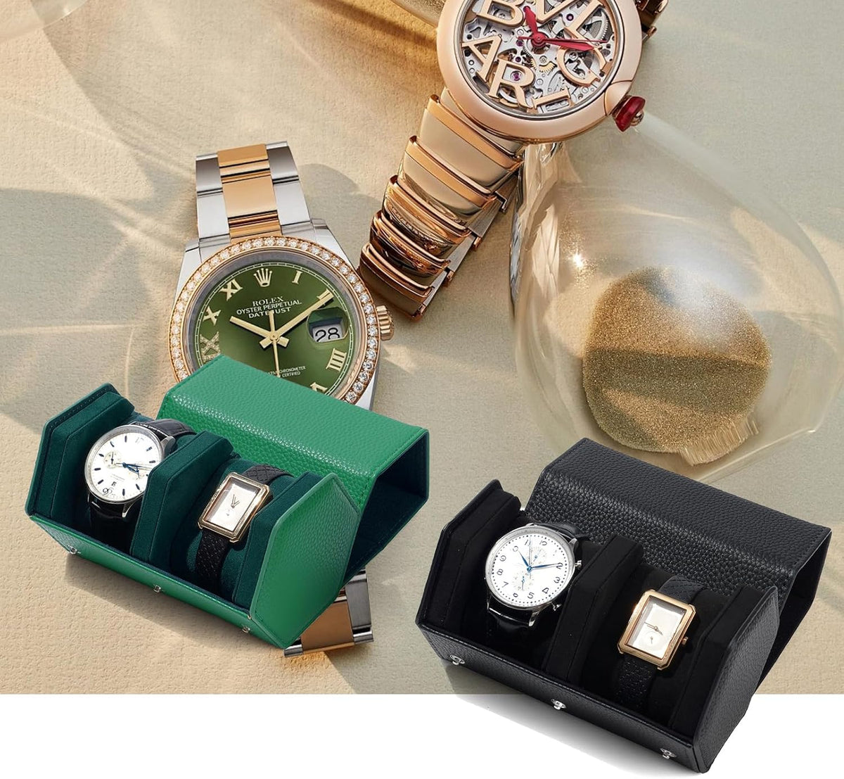 Oirlv Luxury Hexagonal Leather Watch Travel Case Watch Organizer Case for Men Portable Jewelry Storage Roll Organizer(2-Slot,Green)