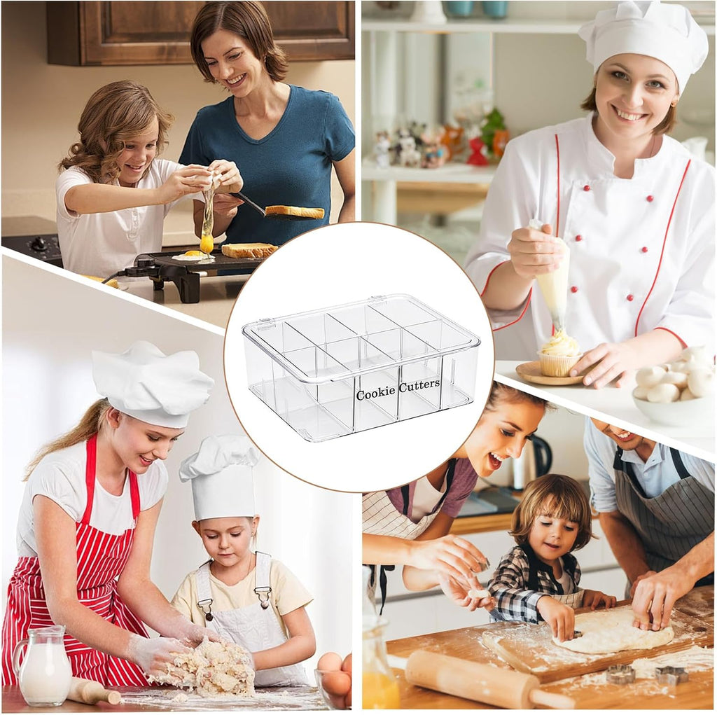 Cookie Cutters Organizer for Baking, Biscuit Cutters Storage Box with 8 Adjustable Compartments, Transparent Dustproof Lid, Perfect Baking Molds Tool Accessories Display Box
