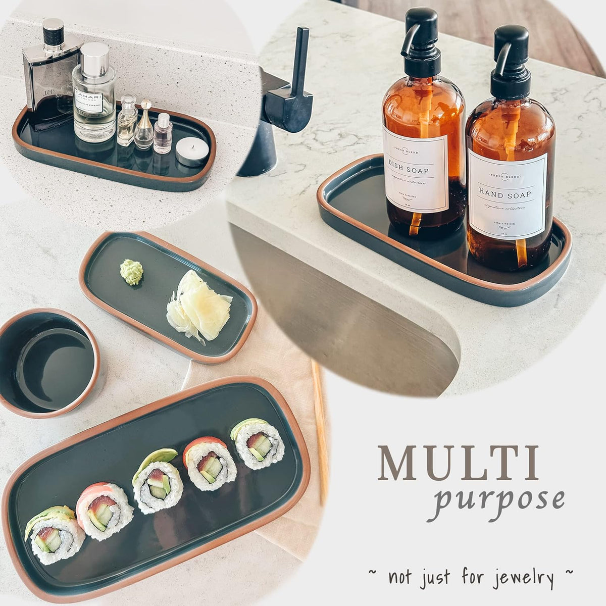 Mora Ceramic Decorative Tray - Rectangle 10in Dish for Jewelry, Soap Dispenser, Perfume, Makeup, Accessories, Candle, in The Bathroom Vanity, Bedside, or Kitchen Counter. Cute Organizers - Black