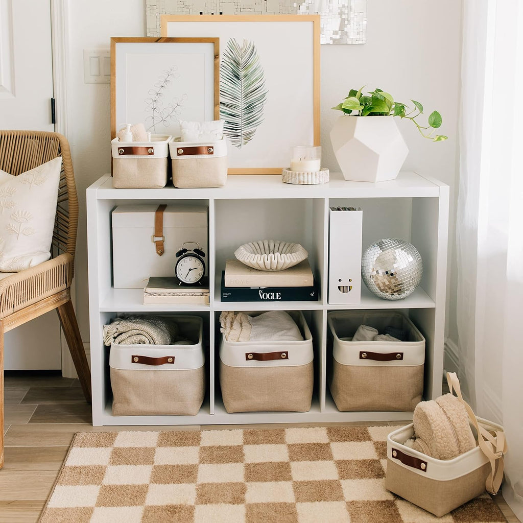 OrganiHaus Large Fabric Storage Baskets for Shelves 3 Pack, 15x11in Closet Storage Bins for Shelves, Canvas Baskets for Organizing, Linen Closet Organizers, Cloth Basket, Beige/Off-White