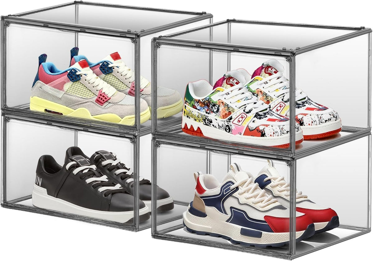 4 Pack Grey Large Shoe Storage Boxes Clear Plastic Stackable Shoe Display Case with Magnetic Door, Easy Assembly Fit up to US Size 13