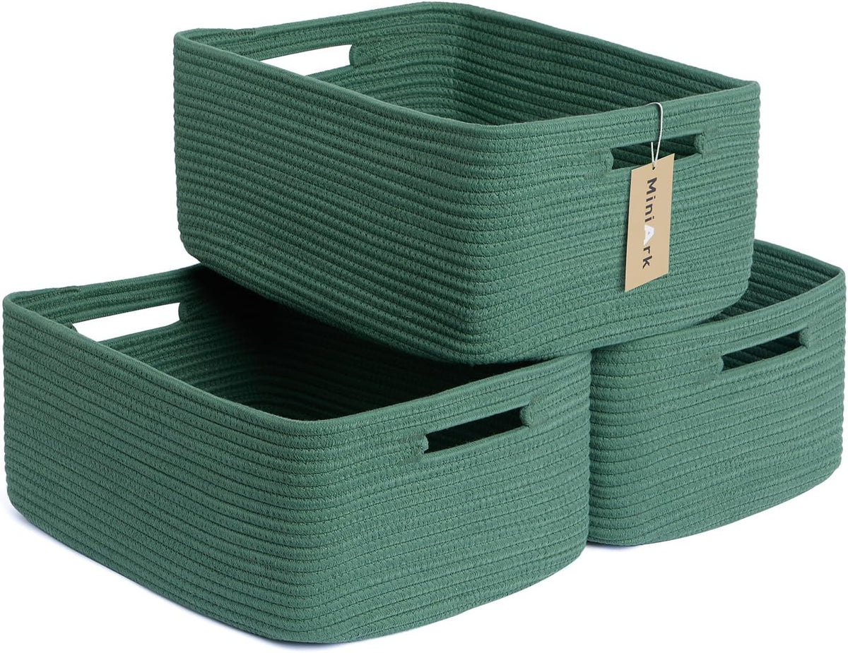 Large Storage Baskets for Shelves, Closet Organizers Bins for Clothes Blanket Towels, Baby Nursery, Toy Baskets Box, Woven Rope Baskets, 17 x 13 x 7.5”, 3 Packs Green