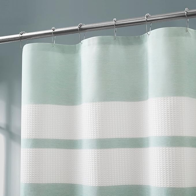 Warm Home Designs White Waffle Shower Curtain with Green Fabric Stripes. Each Waffle Weave Shower Curtain Measures 70 x 72 Inches. Striped White & Mint Green Shower Curtains for Bathroom. W Mint 72"
