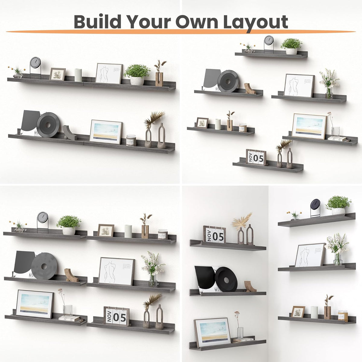 upsimples Floating Shelves for Wall, 23.6 Inch Shelves for Decor Storage Set of 6, Wall Mounted Wood Shelf for Bedroom, Living Room, Bathroom, Kitchen, Long Picture Ledge Shelves, Grey