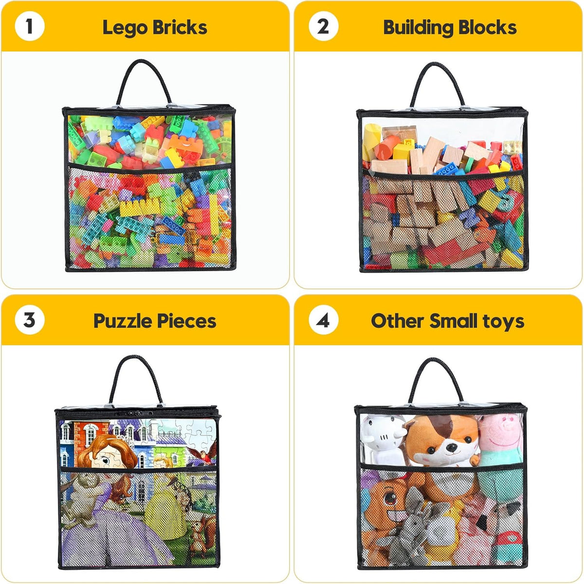 10 PCS Clear Zippered Toy Storage Bags with handle, Kids Toy Storage Organizer with Mesh Pocket for Instructions, Playroom Toy Organizer Plastic Storage Bags for Blocks Set Puzzles,Small Toys